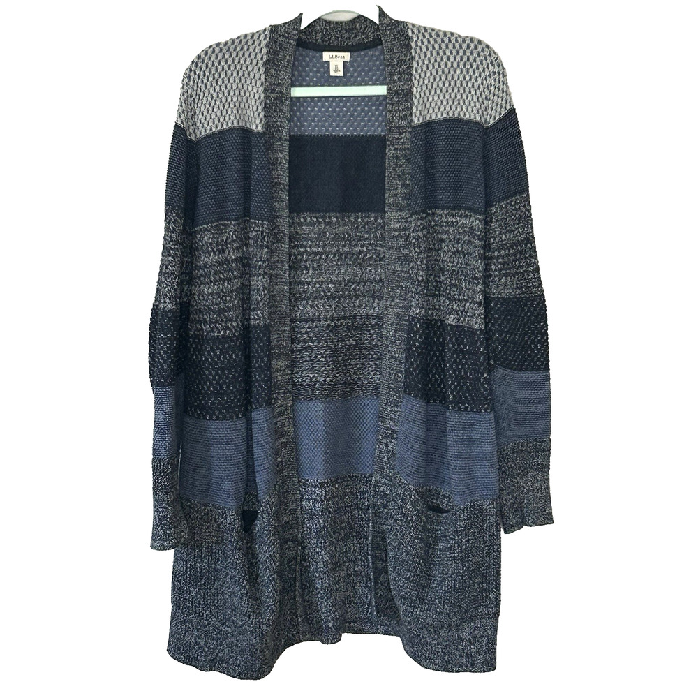 LL Bean‎ Knit Cardigan XL Blue Organic Cotton Colorblock Long Open Sweater